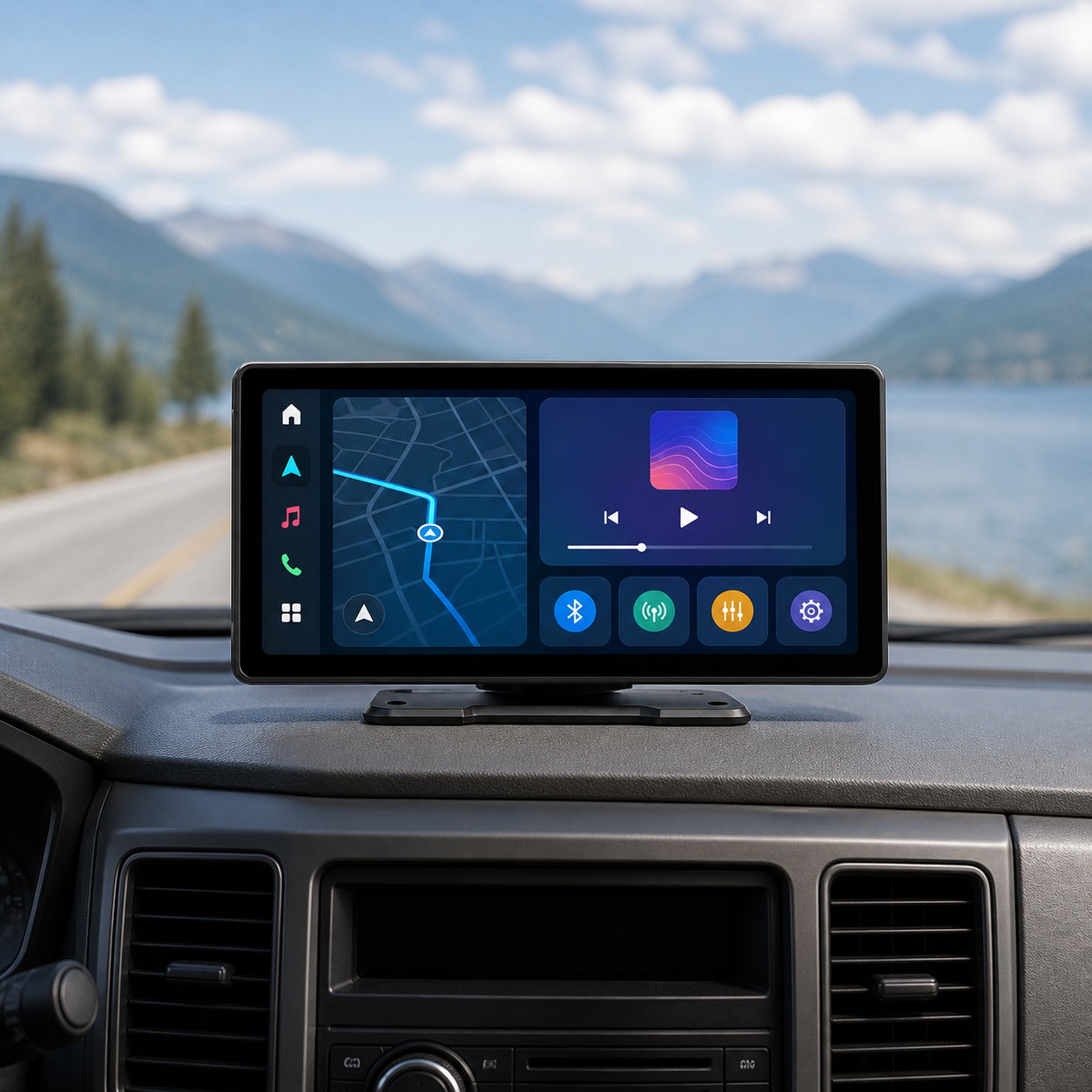 Portable CarPlay screen installed in a vehicle